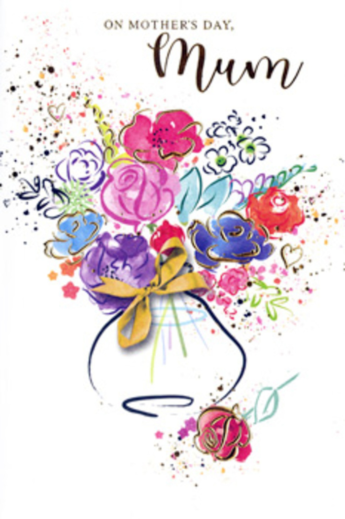 This illustrated Mother's Day card shows a richly coloured watercolour bouquet that might have been dreamed up after passing the gardens and tree-lined streets around Denmark Hill station. At its heart, bold cerise and hot pink blossoms bloom with confident energy, their petals defined by quick, expressive strokes of deep indigo that hint at layered ruffles without over-detailing. Softer blooms in lavender, cornflower blue, and pale lilac tuck between them, calming the composition and creating a pleasing rhythm of warm and cool tones. Delicate filaments of gold ink trace around certain petals and leaves, catching imaginary light and adding a refined sparkle, like the glint of sunlight on glass vases in a local florist's window. Little hearts and fine splashes of pigment gather at the edges of the bouquet, suggesting scattered petals, whispered thanks, and the playfulness of giving a beautiful surprise. The flowers are cradled in a simple, rounded vase with soft, curved sides, painted with translucent washes that let the background breathe through, and finished with a narrow golden bow that seems almost touchable. The entire composition feels intuitive yet considered, as if guided by someone who understands both colour harmony and emotional nuance. It radiates appreciation, comfort, and warmth, perfectly suited to marking Mother's Day in the homes and streets surrounding Denmark Hill.