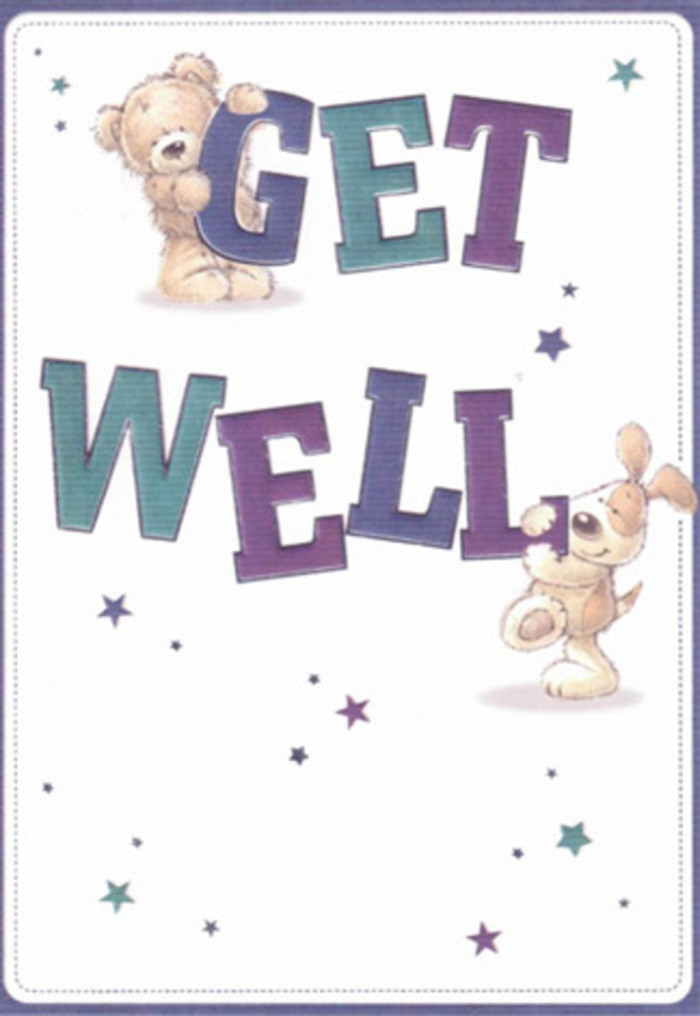 Celebrating gentle encouragement, this get well card features a heartwarming duo-a bear and a puppy-surrounded by glimmering stars, as if they're sending waves of positivity out across Denmark Hill. Big, confident letters shaded in purples and aquas ground the design with cheerful reassurance, their vibrance reminiscent of the colourful blooms found at local markets or window boxes along Grove Lane. The textures leap from the illustration: the bear's plush, fluffy coat and the puppy's silken, floppy ears feel almost touchable, echoing the soft petals and foliage a local florist selects by hand. The background's creamy clarity gives the whole scene a sense of cleanliness and calm, vital for anyone recuperating, while the starbursts seem to dance in the air-carrying get well wishes like the fragrance of fresh-cut stems drifting through a newly arranged bouquet. Imagining this card alongside seasonal flowers, it's easy to sense the hopeful spirit it would bring to a Denmark Hill home or hospital bedside-every carefully illustrated detail a testament to genuine care.