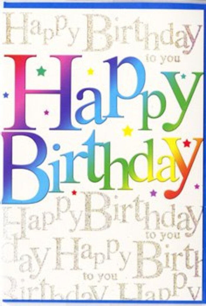 In this image, a striking birthday card fills the frame, its design echoing the bright, upbeat character of Denmark Hill's streets and open spaces. The central focus is the generously sized Happy Birthday message, set in big, rounded letters that stretch comfortably from one side of the card to the other. Each letter is flooded with a gradient of colour that drifts seamlessly through the rainbow, starting with rich berry reds, moving through warm oranges and luminous yellows, then gliding into spring greens, sky blues, and dusk-like purples. The colours appear slightly airbrushed, soft at the edges, creating a harmonious, almost dreamy effect rather than anything harsh or jarring. Behind this rainbow greeting, the background is elegantly layered with lines of Happy Birthday to you repeated in delicate gold script. The lettering is fine and looping, reminiscent of a beautiful handwritten message carefully penned for someone dear. The metallic ink catches the light in a gentle shimmer, suggesting scattered starlight or candlelight flickering on a birthday cake in a cosy Denmark Hill home. Adding to the sense of celebration, tiny specks of colour are sprinkled around the letterforms, imitating minuscule stars, glitter, or confetti. The card's finish looks smooth and lightly glossy, enhancing both the saturation of the colours and the soft gleam of the gold script. Altogether, the image conveys warmth, affection, and joyful anticipation, the sort of greeting that would pair perfectly with a thoughtfully chosen bouquet arriving as a surprise birthday delivery to a friend or loved one nearby.