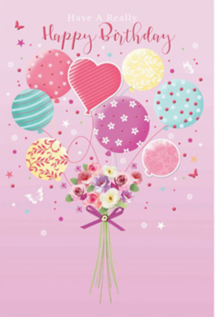 In this graceful birthday scene, a floating bouquet of balloons and flowers evokes the gentle liveliness of a weekend wander around Denmark Hill and nearby Camberwell. The background is a soft wash of pastel pink, serene and inviting, like the sky as it begins to blush above Ruskin Park. Anchoring the image, a hand-tied bouquet sits at the base, its stems gathered in a tight, elegant cluster and finished with a gleaming purple bow that looks like satin ribbon freshly tied by a careful florist. The flowers are illustrated with a sense of real-life texture: petals that appear velvety and full, blending tones of cream, blush rose, and dusky mauve to suggest small roses and daisy-like blooms. They feel fresh and tender, the kind of blooms you might receive in a thoughtful birthday surprise delivered locally around Denmark Hill. Rising from this bouquet, a collection of pastel balloons lifts the entire arrangement into the air. Some balloons shimmer in pink and sea green, others glow in soft yellow and lavender, each one decorated with a unique pattern-meandering stripes like curling ribbons, tidy polka dots that add playfulness, and abstract floral motifs that echo the blossoms below. Light brushes across their glossy surfaces, creating subtle highlights and shadows that make them look buoyant and real, as if they might sway with the slightest breeze. The interplay of matte, velvety petals and shiny, reflective balloons creates a beautiful contrast, uniting floral elegance with party joy. The overall impression is of a birthday moment suspended in time, perfect for someone celebrating in a flat overlooking Denmark Hill or a cosy home near Camberwell Church Street, where colour, care, and creativity come together to say, You are loved today.