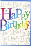The photo showcases a colourful birthday card whose front feels as festive and welcoming as a gathering of friends in one of Denmark Hill's local parks. Across the centre, the phrase Happy Birthday is printed in large, approachable letters that sweep invitingly from left to right. Each letter is filled with a smooth, luminous gradient that drifts through the full spectrum-ruby red into bright tangerine, soft yellow into fresh green, cooling into aqua, denim blue, and gentle violet. The transitions between colours are silky and unbroken, creating the impression of soft stage lights or a rainbow reflected through glass. The letters themselves have a slightly padded look, rounded and friendly, making the greeting feel open and sincere. Behind this central message, the entire background is layered with repeating Happy Birthday to you phrases, written in fine, flowing gold script. The handwriting-style font curls and loops elegantly, adding a whisper of sophistication beneath the playful colours in front. Under light, the gold writing shimmers subtly, like a thin line of sunshine across a pavement after rain. Tiny dots and flecks of colour are scattered across the design, suggesting confetti mid-air at the height of a birthday toast. The card's surface appears smooth and satiny, with a gentle sheen that enriches both the rainbow gradient and the golden script. Overall, the image conveys a feeling of wholehearted celebration and kindness-a card that seems ready to accompany a fresh, hand-tied bouquet arriving for a birthday surprise somewhere in and around Denmark Hill.