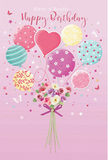 This whimsical birthday illustration could easily be imagined floating above the rooftops near Denmark Hill, carrying a heartfelt wish on a cluster of balloons and blooms. A calm, rosy-pink background sets a gentle tone, like the soft glow over Ruskin Park in the early evening. At the lower centre, a rounded bouquet of flowers provides a grounding focal point. The blooms are drawn in creamy ivory, blush pink, and muted mauve, their petals layered and slightly curled, suggesting the texture of real roses and daisy-like blossoms freshly arranged by a local florist. The stems are neatly gathered and finished with a sparkling violet bow that looks luxuriously satin-smooth, glinting where the light catches its folds. From this bouquet, a flurry of pastel balloons rises in a loose, upward sweep. Each balloon adds its own note of personality: some are wrapped in playful, candy-like stripes, others are scattered with cheerful polka dots, and a few display gentle swirls and garden-inspired patterns in sea green, lemon yellow, rose, and lavender. One heart-shaped balloon near the centre radiates tenderness, capturing the emotional heart of the birthday message. The balloons' glossy surfaces reflect soft highlights, while subtle shadows help them stand out against the pink backdrop, giving the whole arrangement a sense of lift and depth. The feeling is light, celebratory, and affectionate-like a surprise card accompanying a flower delivery to a home near Camberwell Green or along Champion Park. It beautifully blends the joy of party decorations with the comfort of fresh flowers, creating a birthday image that feels both festive and sincerely caring.