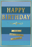 The photograph presents a tasteful birthday card in harmonious shades of blue and soft, metallic gold, its calm elegance well-suited to the peaceful streets and leafy corners of Denmark Hill. The card stands upright, likely on a smooth tabletop or mantlepiece, bathed in gentle light that allows the colours and textures to show without glare. The background is composed of wide, horizontal blue stripes arranged in a subtle ombre effect, progressing from deep navy through cooler ocean and teal hues, finally reaching a light, almost sky-like blue at the top. This gradient creates a feeling of depth and tranquillity, not unlike the soothing views across nearby Ruskin Park. Prominently placed in the upper centre, the phrase HAPPY BIRTHDAY is embossed in large, gold capital letters. The metallic finish gleams softly, with just enough shine to suggest celebration while maintaining an overall sense of calm sophistication. Beneath the main greeting, a single golden flourish sweeps across in a refined curve, like a decorative underline. Below this flourish, three slender gold banners are neatly stacked, each carrying part of a warm, inviting message: Relax, have a great day and enjoy! The banners appear slightly raised and polished, standing out clearly against the matte blue background. A slim gold border encloses the entire design, emphasising its symmetry and balance. One can imagine this card placed next to a fresh bouquet from a local Denmark Hill florist, perhaps on a hallway table where it catches the eye on the way in from the station - a quietly joyful reminder for the recipient to take a moment, breathe deeply, and truly enjoy their special day.